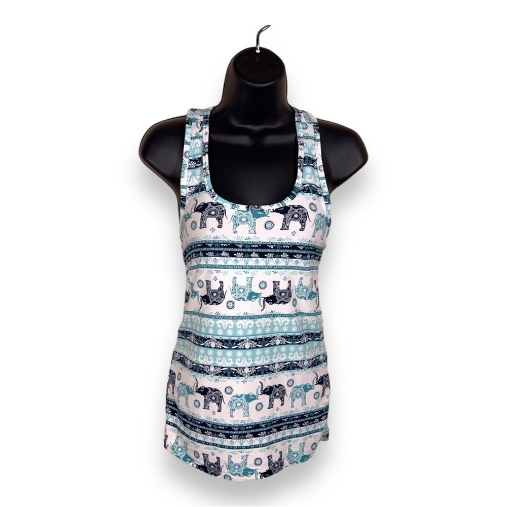 MEDIUM JUNIORS RUE21 WHITE BLUE BOHO TANK TOP STRETCH BOHEMIAN ELEPHANT
